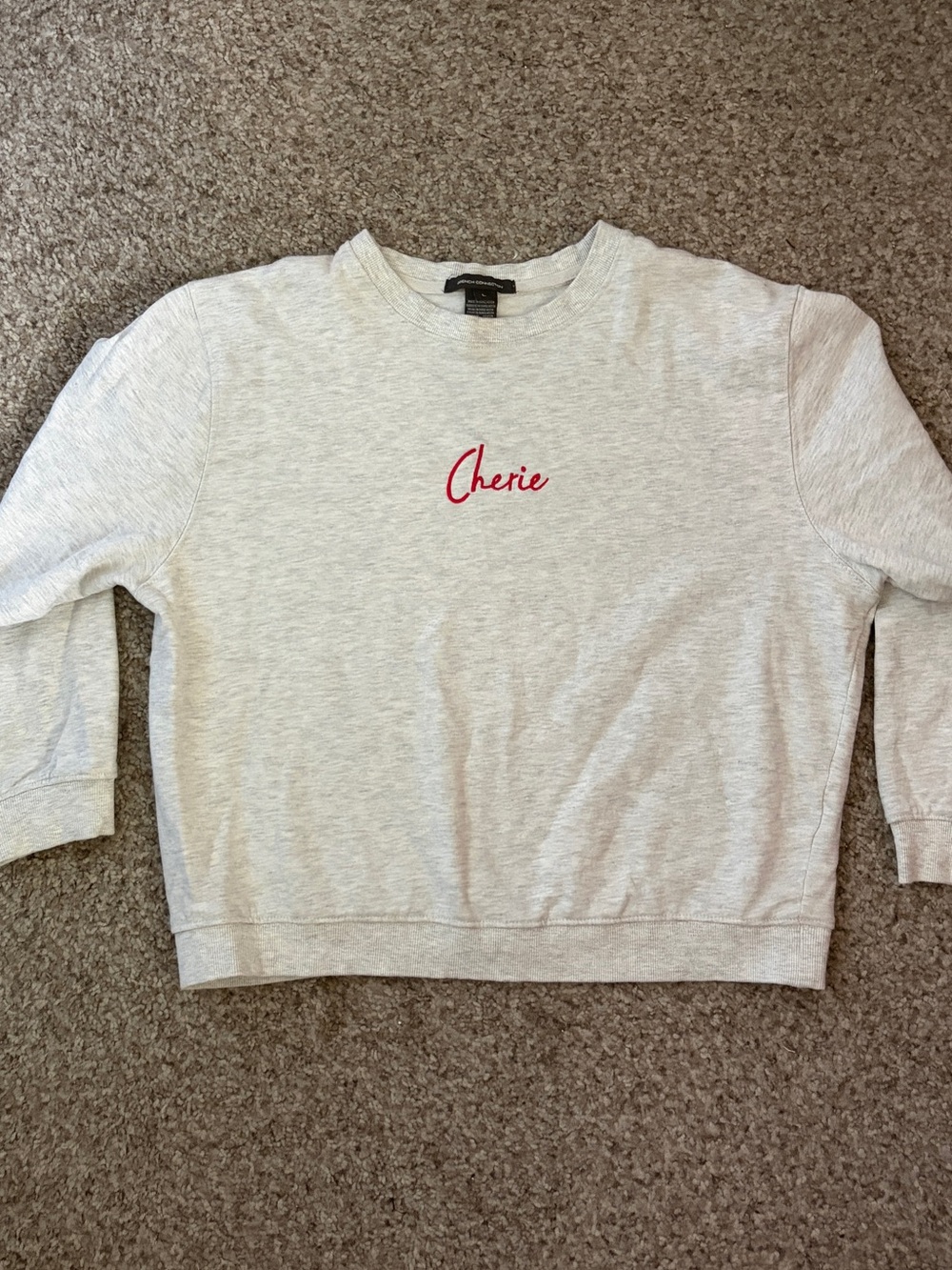 French Connection Light Heather Gray Crewneck Sweater with Red Cherie Embroidery
